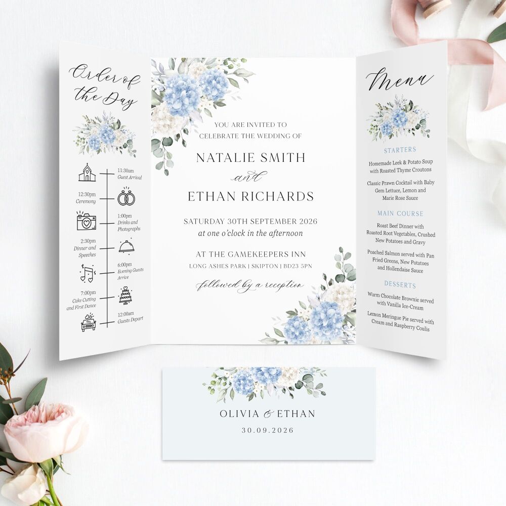 Ivory & Blue Hydrangeas Wedding Invitation Sample