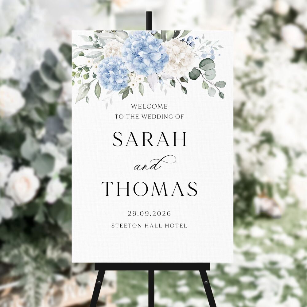Ivory & Blue Hydrangeas Welcome Sign