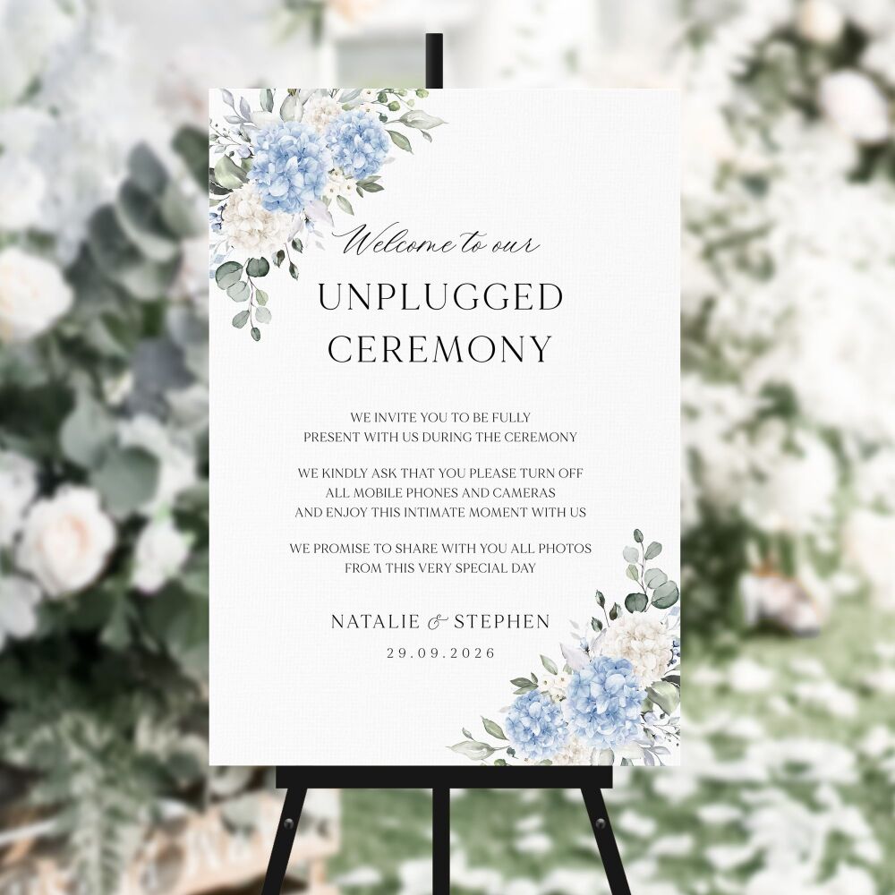 Ivory & Blue Hydrangeas Unplugged Ceremony Sign