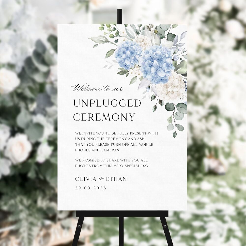 Ivory & Blue Hydrangeas Unplugged Ceremony Sign