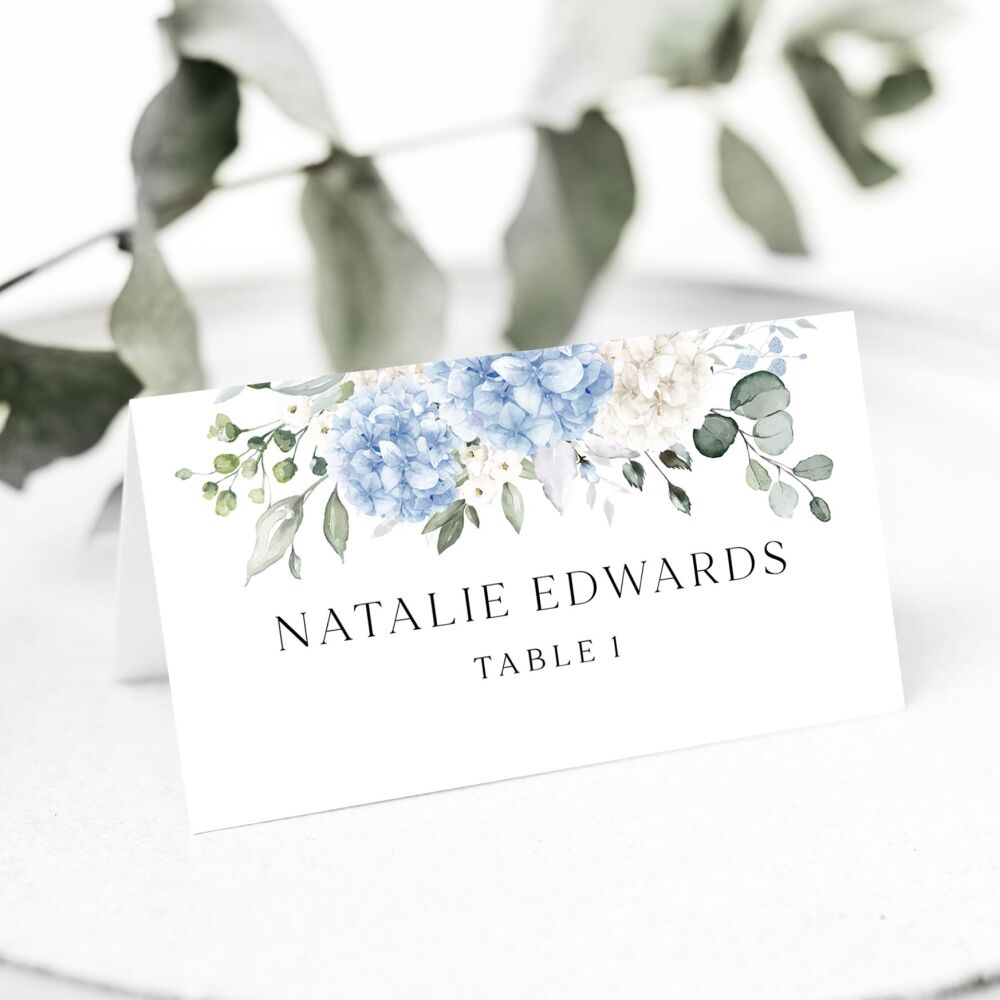 Ivory & Blue Hydrangeas Place Name Card