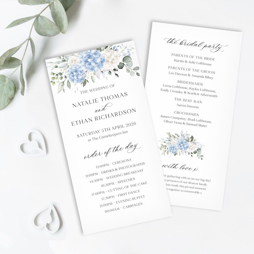 Ivory & Blue Hydrangeas Order of Service Card