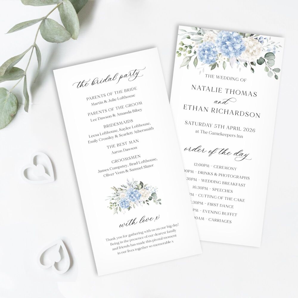 Ivory & Blue Hydrangeas Order of Service Card