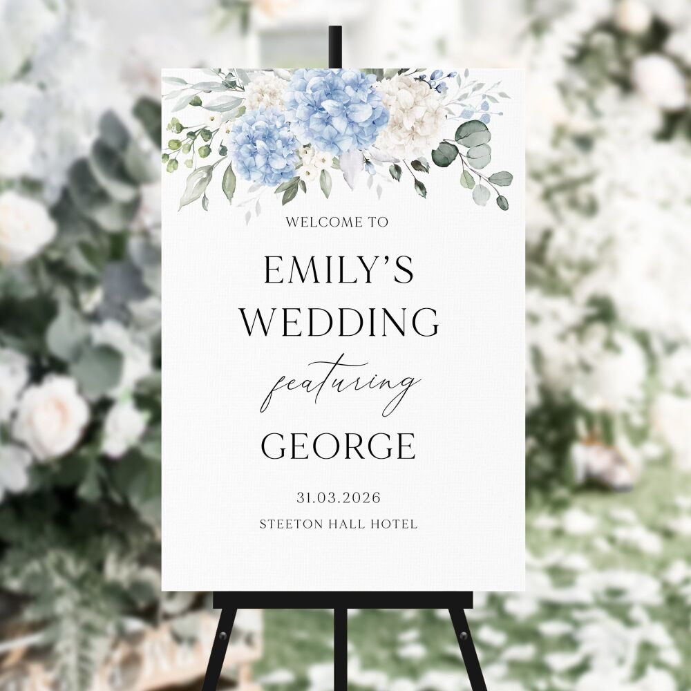 Ivory & Blue Hydrangeas Humorous Welcome Sign