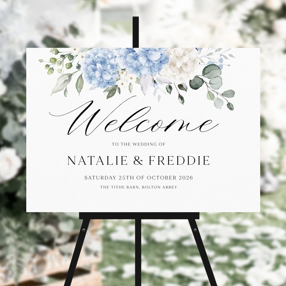 Ivory & Blue Hydrangeas Welcome Sign