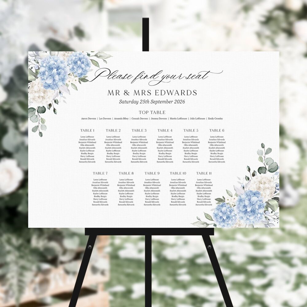 Ivory & Blue Hydrangeas Table Plan