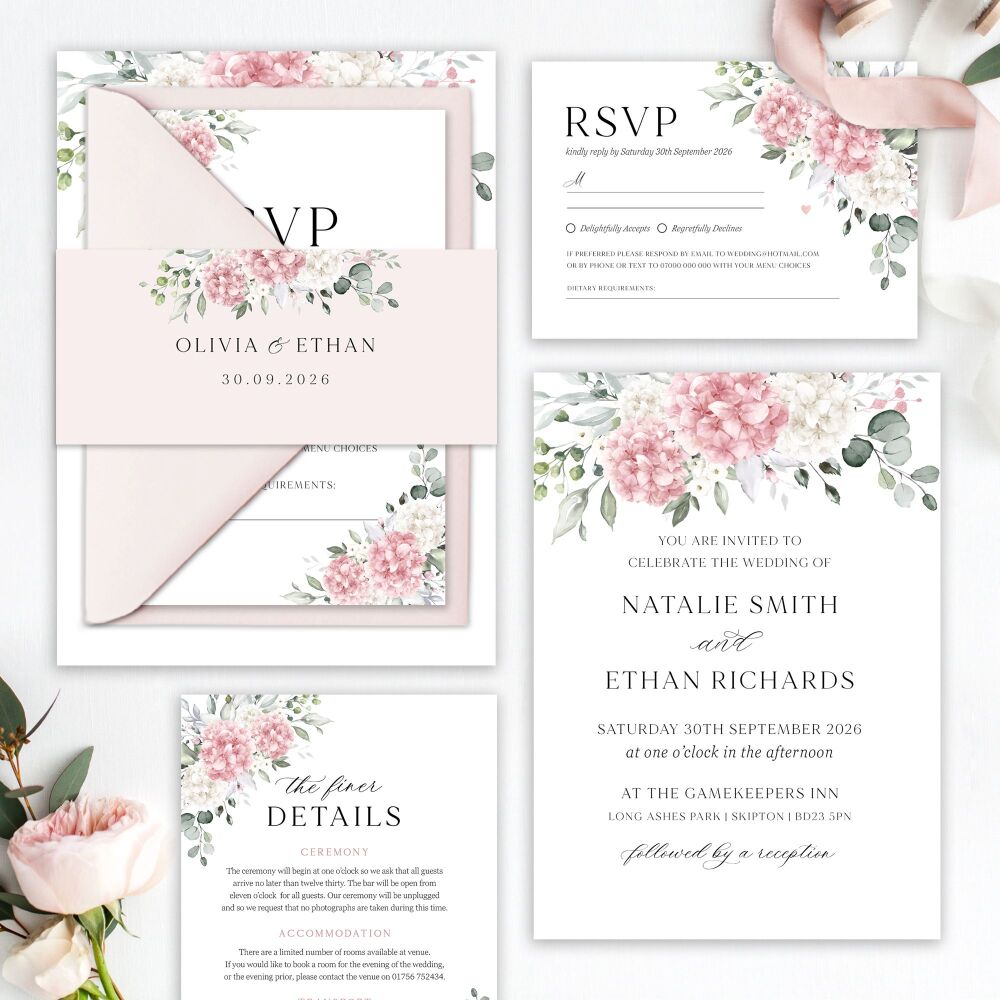 Ivory & Pink Hydrangeas Wedding Invitation Sample