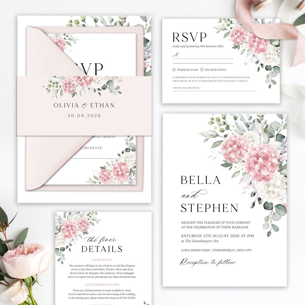 Ivory & Pink Hydrangeas Wedding Invitation Sample
