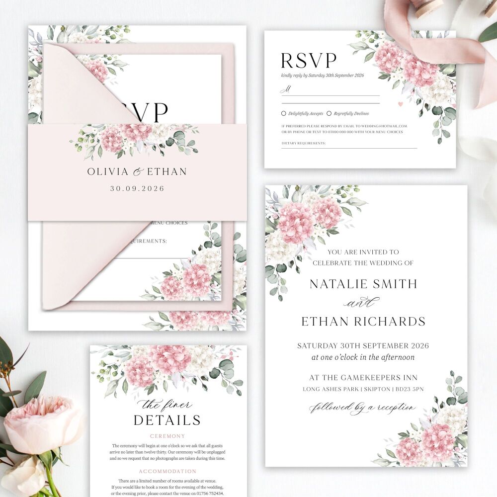 Ivory & Pink Hydrangeas Wedding Invitation Sample
