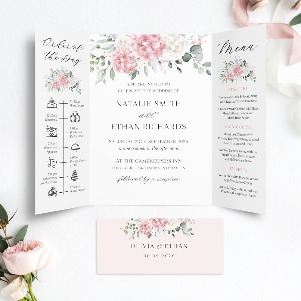 Ivory & Pink Hydrangeas Wedding Invitation Sample