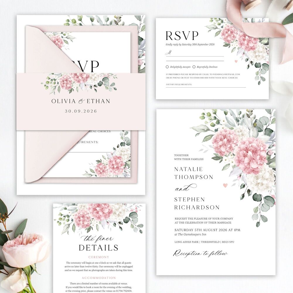 Ivory & Pink Hydrangeas Wedding Invitation Sample