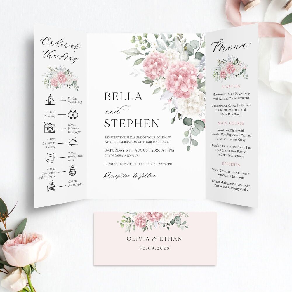 Ivory & Pink Hydrangeas Wedding Invitation Sample