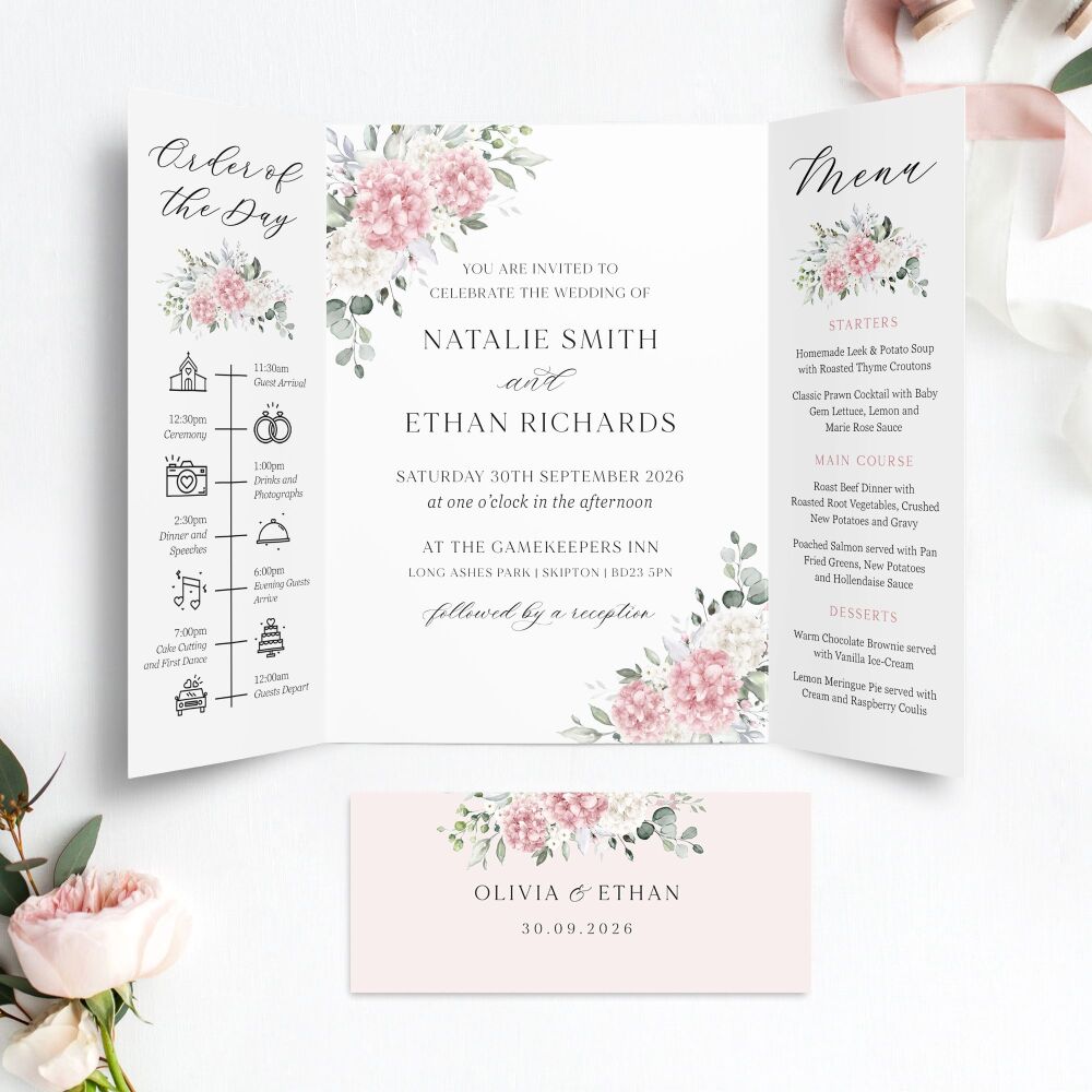 Ivory & Pink Hydrangeas Wedding Invitation Sample
