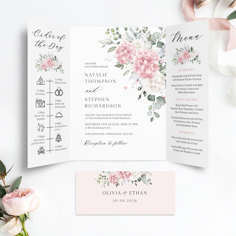 Ivory & Pink Hydrangeas Wedding Invitation Sample
