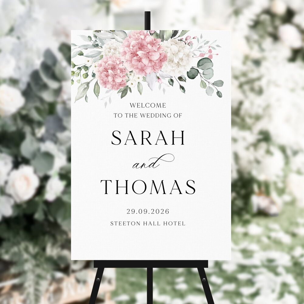 Ivory & Pink Hydrangeas Welcome Sign
