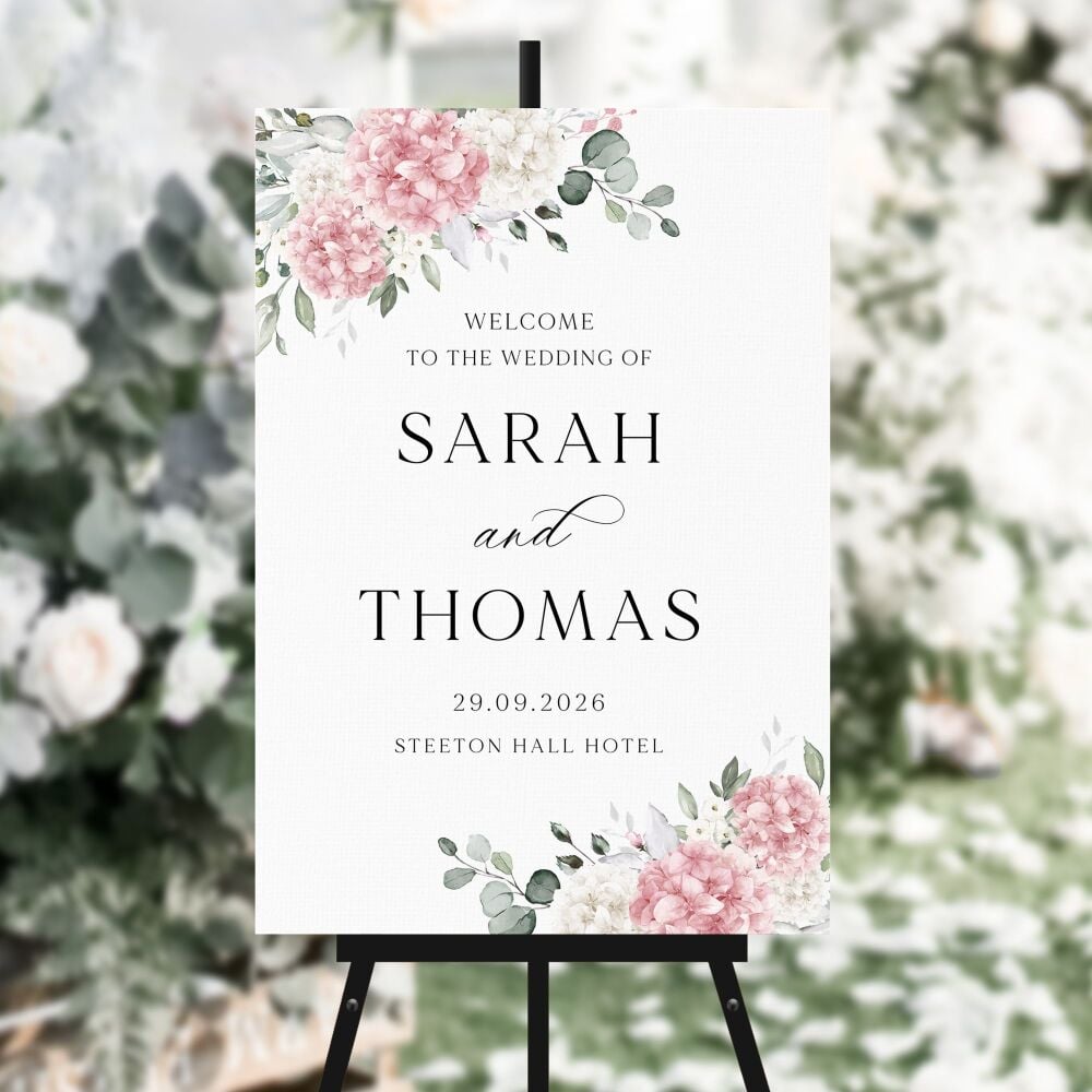 Ivory & Pink Hydrangeas Welcome Sign