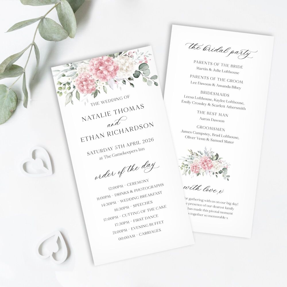 Ivory & Pink Hydrangeas Order of Service Card