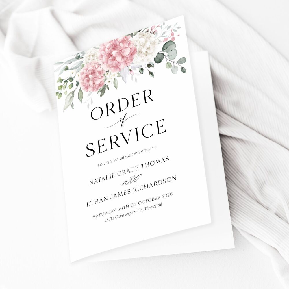 Ivory & Pink Hydrangeas Order of Service Booklet