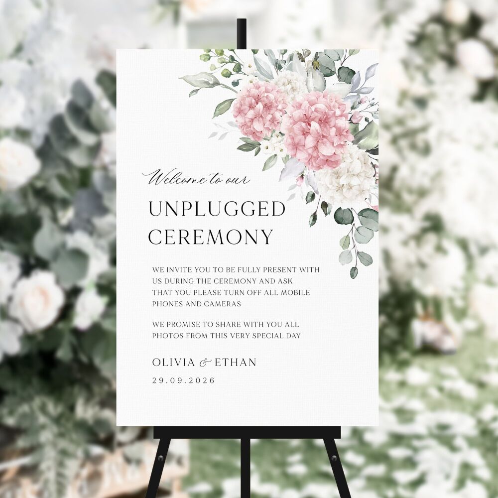 Ivory & Pink Hydrangeas Unplugged Ceremony Sign