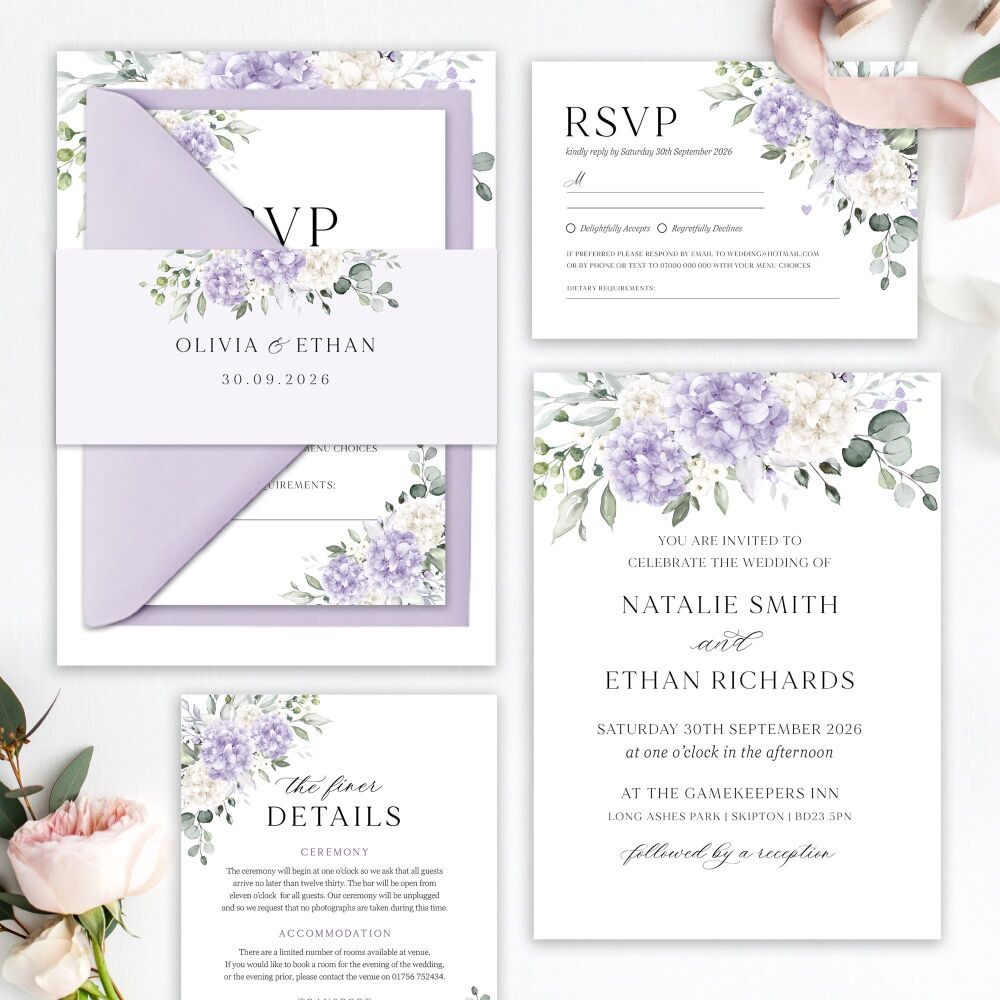 Ivory & Lilac Hydrangeas Wedding Invitation Sample