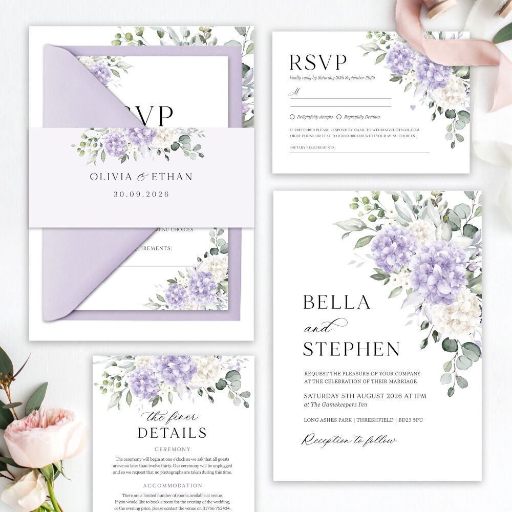 Ivory & Lilac Hydrangeas Wedding Invitation Sample