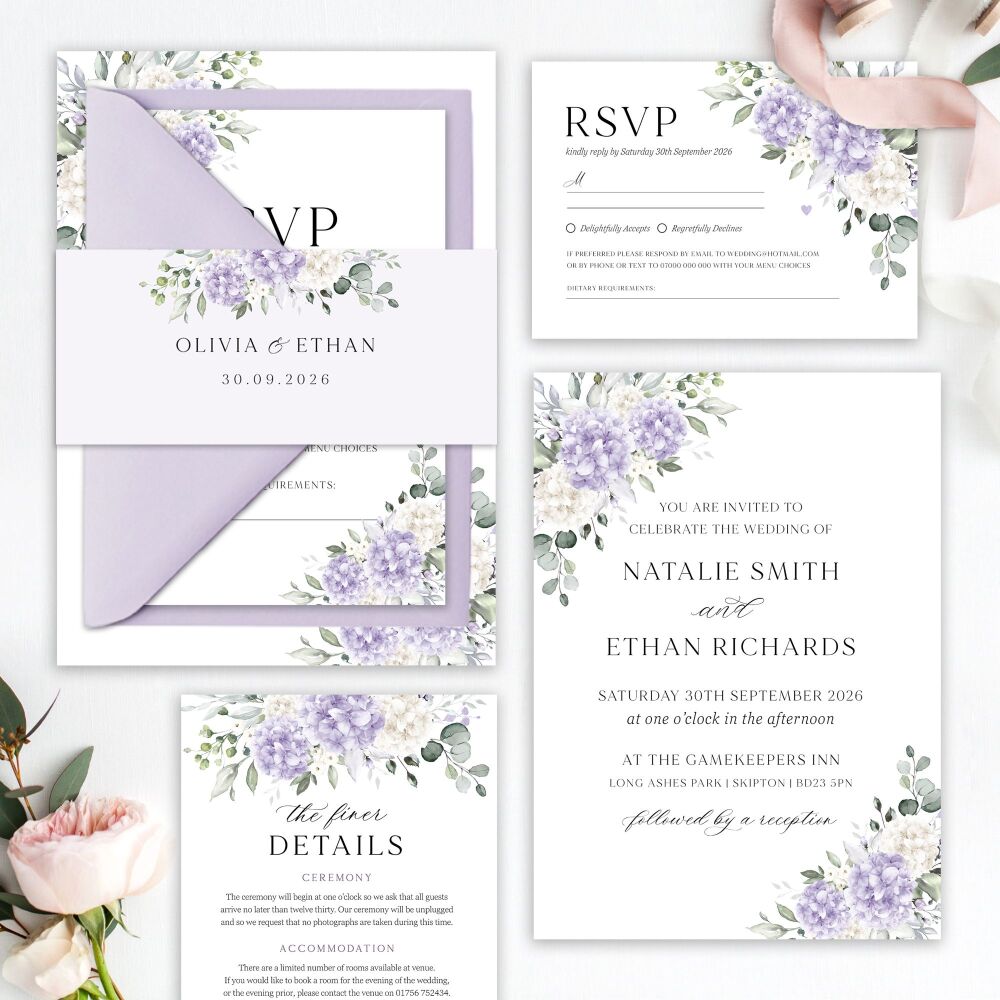 Ivory & Lilac Hydrangeas Wedding Invitation Sample