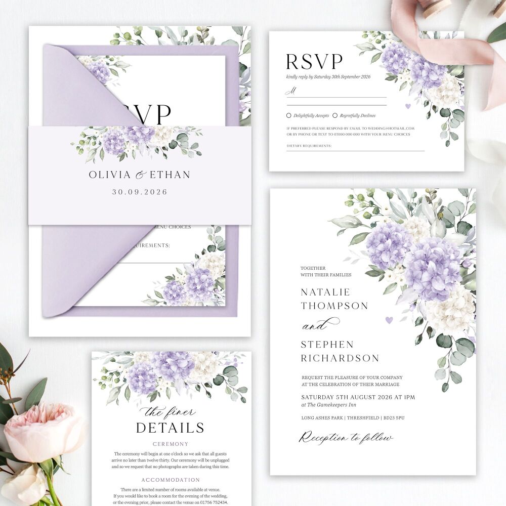 Ivory & Lilac Hydrangeas Wedding Invitation Sample