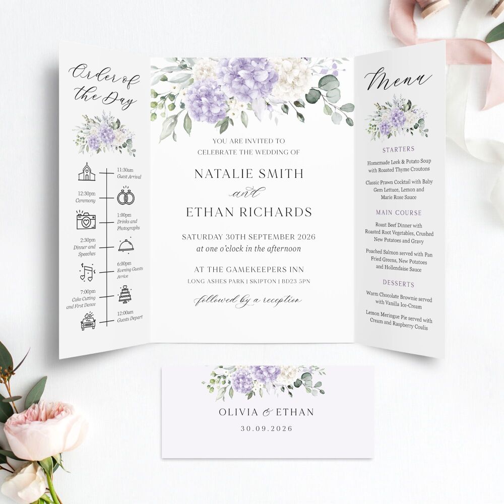 Ivory & Lilac Hydrangeas Wedding Invitation Sample