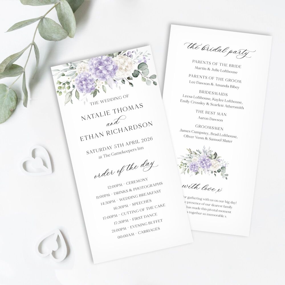 Ivory & Lilac Hydrangeas Order of Service Card