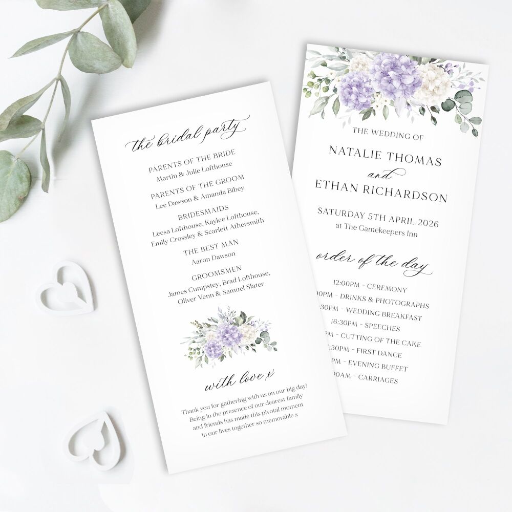 Ivory & Lilac Hydrangeas Order of Service Card