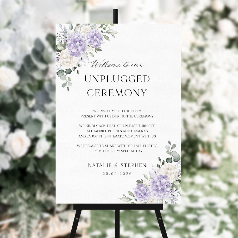 Ivory & Lilac Hydrangeas Unplugged Ceremony Sign