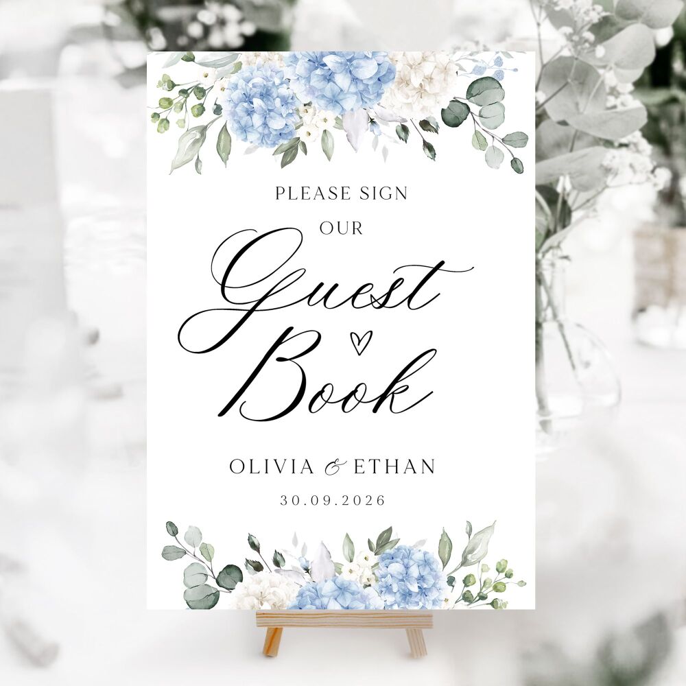 Ivory & Blue Hydrangeas Wedding Accessory Signs (Choose Your Sign)