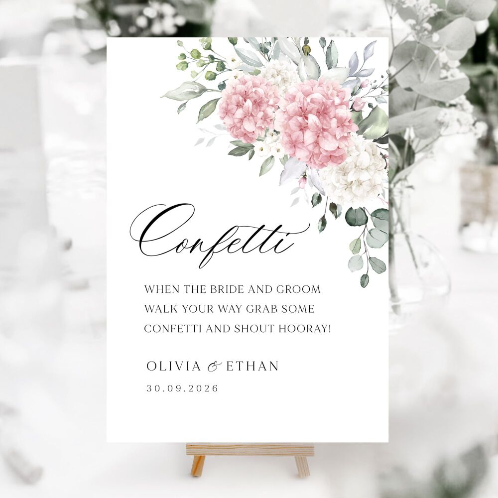 Ivory & Pink Hydrangeas Wedding Accessory Signs (Choose Your Sign)