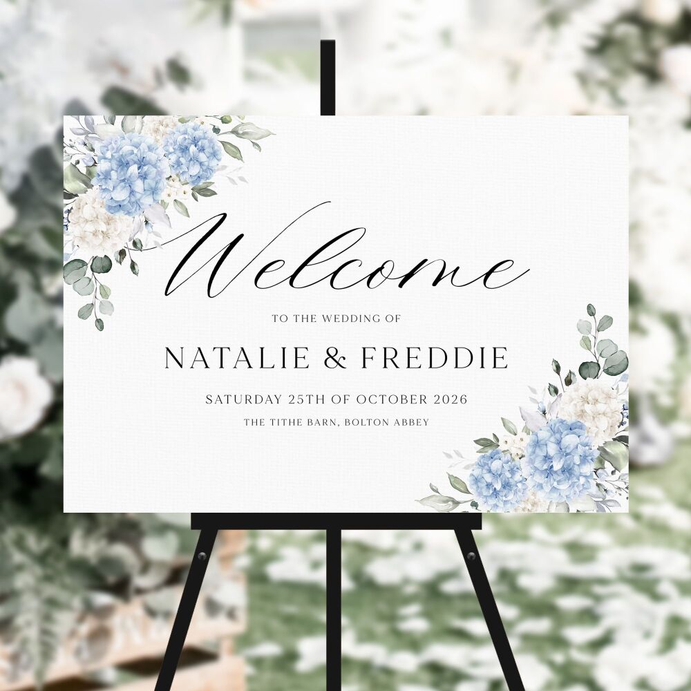 Ivory & Blue Hydrangeas Welcome Sign