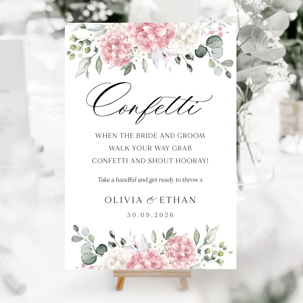 Ivory & Pink Hydrangeas Wedding Accessory Signs (Choose Your Sign)