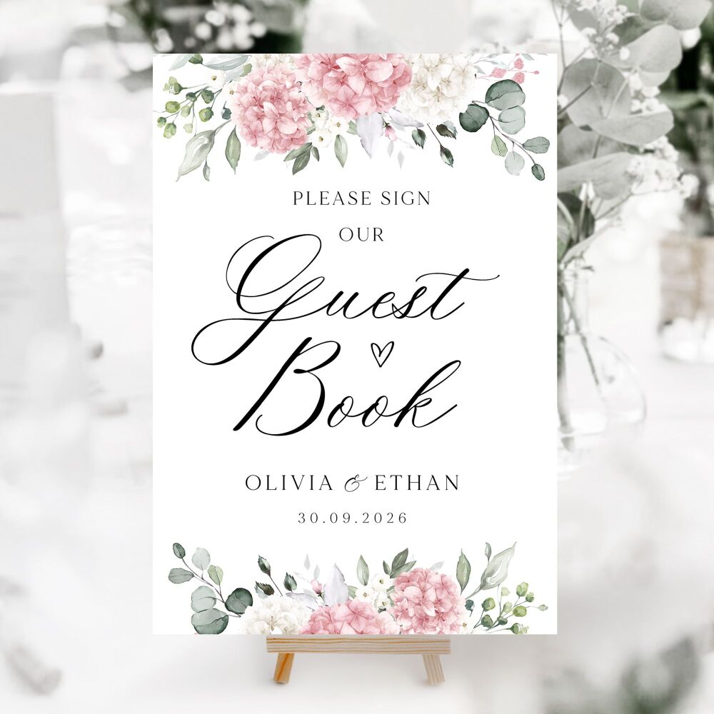 Ivory & Pink Hydrangeas Wedding Accessory Signs (Choose Your Sign)