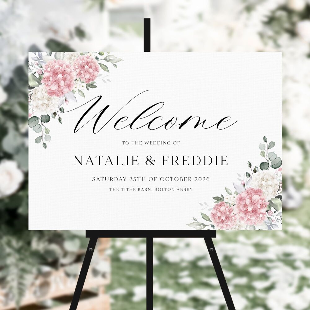 Ivory & Pink Hydrangeas Welcome Sign