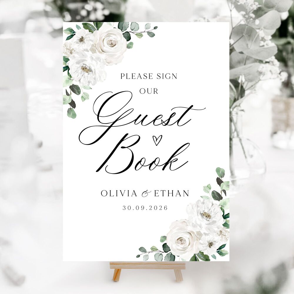 White Florals & Eucalyptus Wedding Accessory Signs (Choose Your Sign)