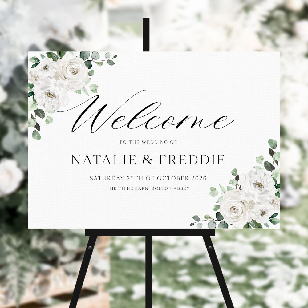 White Florals & Eucalyptus Welcome Sign