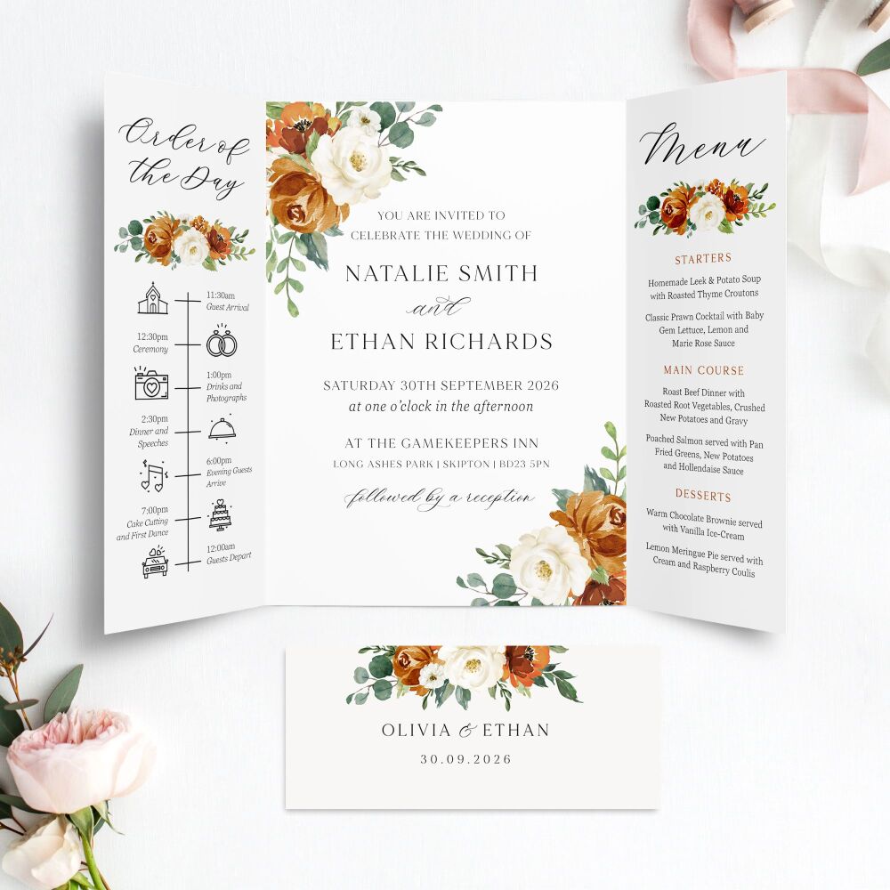 Burnt Orange & Eucalyptus Wedding Invitation Sample