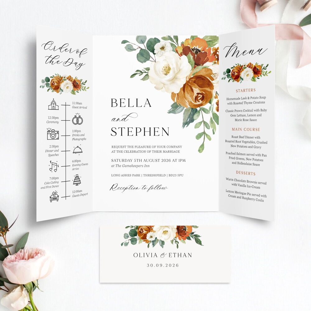 Burnt Orange & Eucalyptus Wedding Invitation Sample