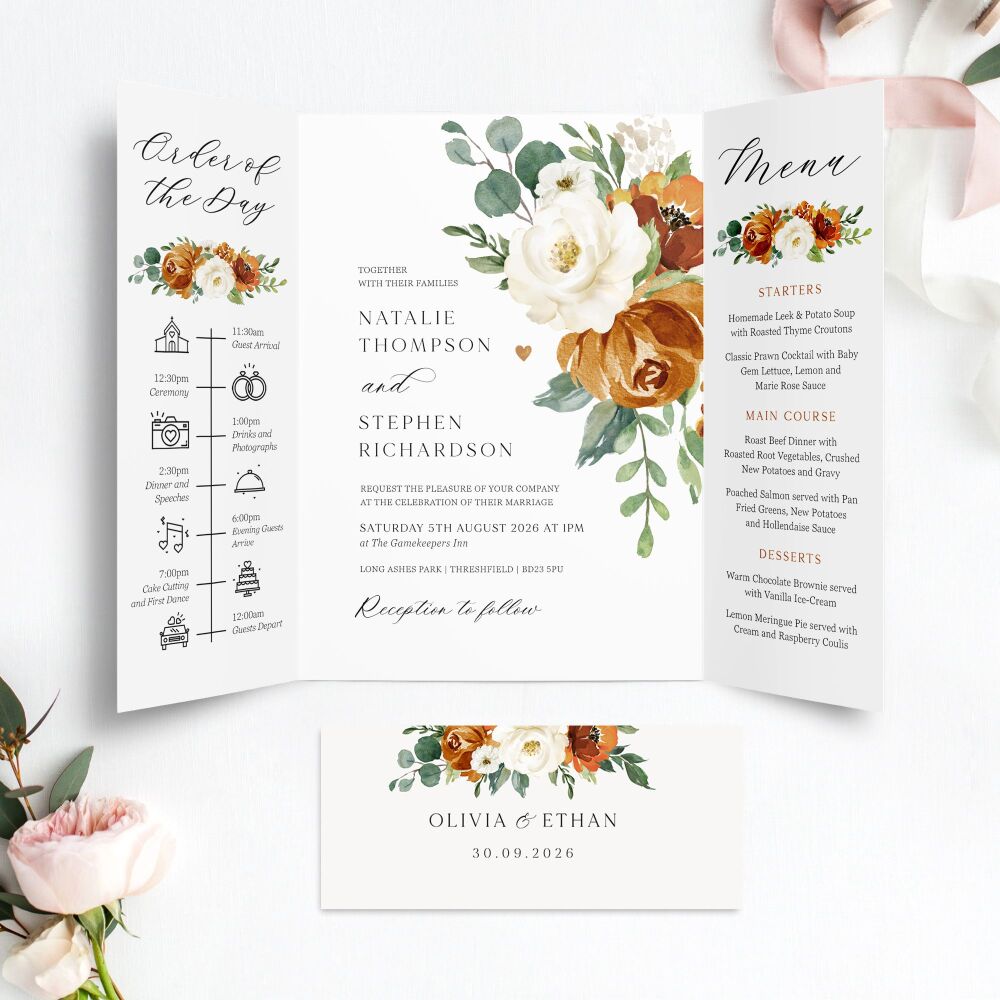 Burnt Orange & Eucalyptus Wedding Invitation Sample