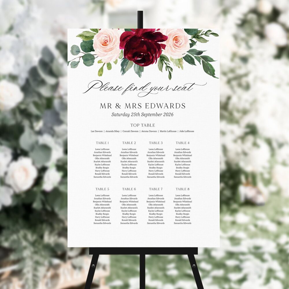 Blush & Burgundy Florals Table Plan