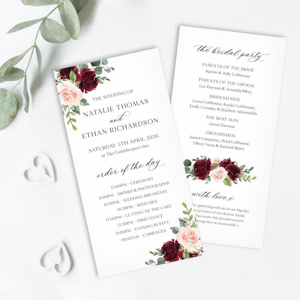 Blush & Burgundy Florals Order of Service Card
