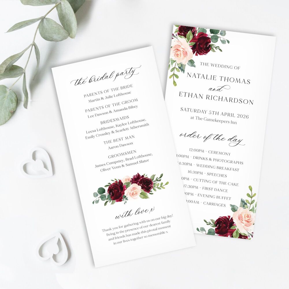 Blush & Burgundy Florals Order of Service Card