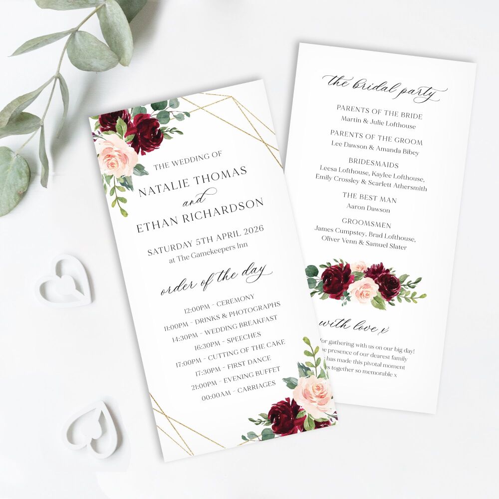 Blush, Burgundy & Gold Order of Service Card