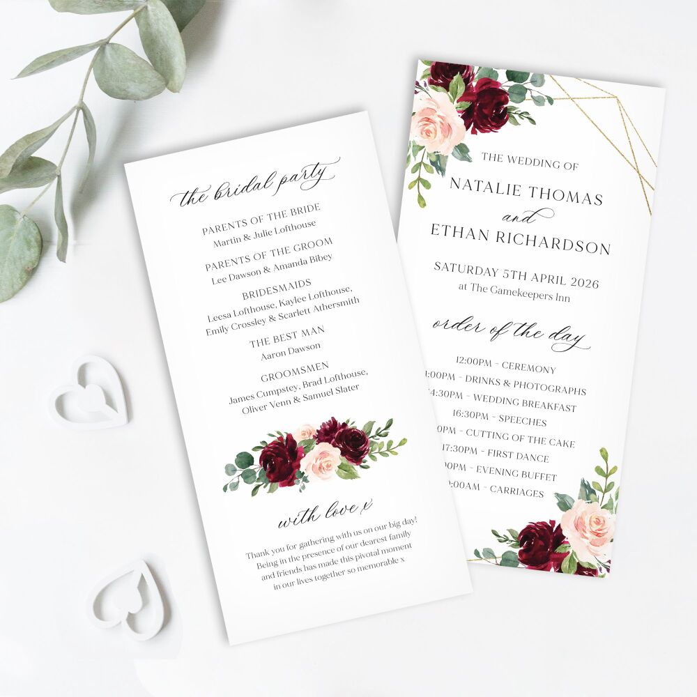 Blush, Burgundy & Gold Order of Service Card