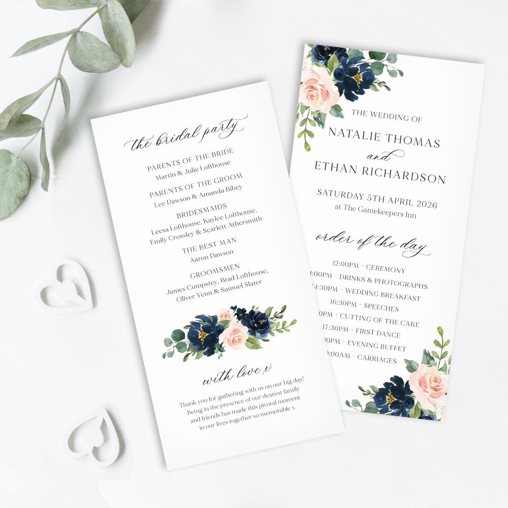 Blush & Navy Florals Order of Service Card