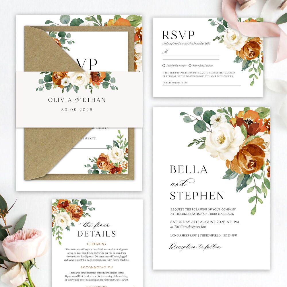 Burnt Orange & Eucalyptus Wedding Invitation Sample