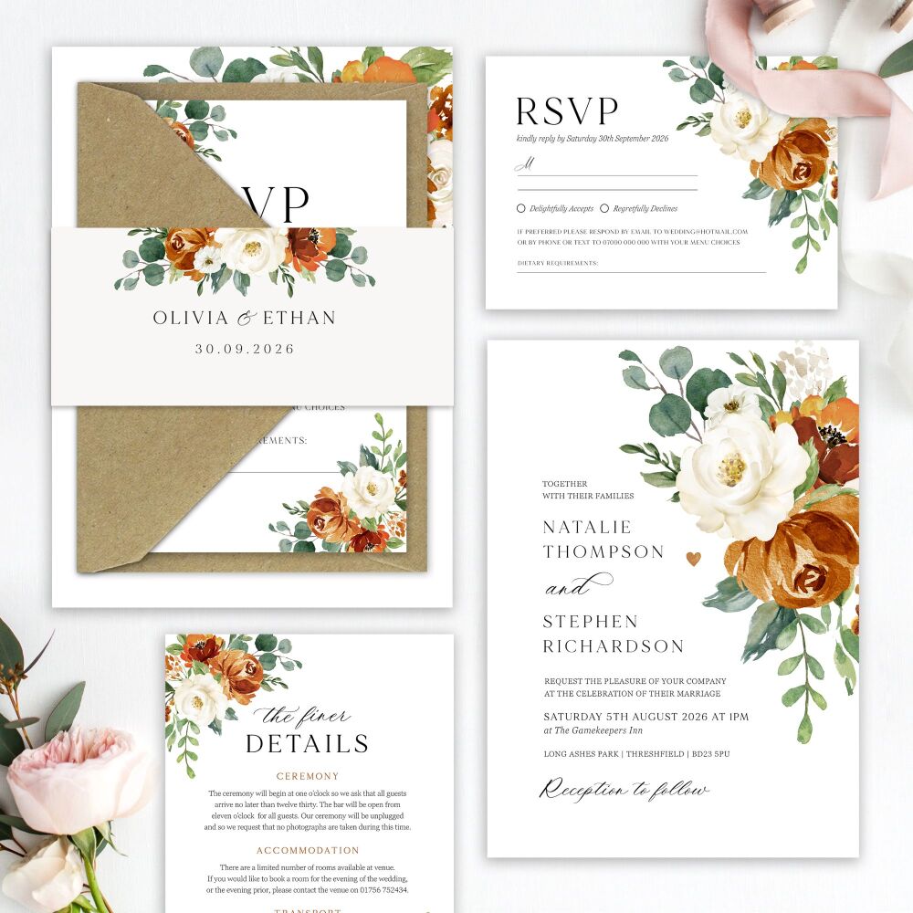 Burnt Orange & Eucalyptus Wedding Invitation Sample